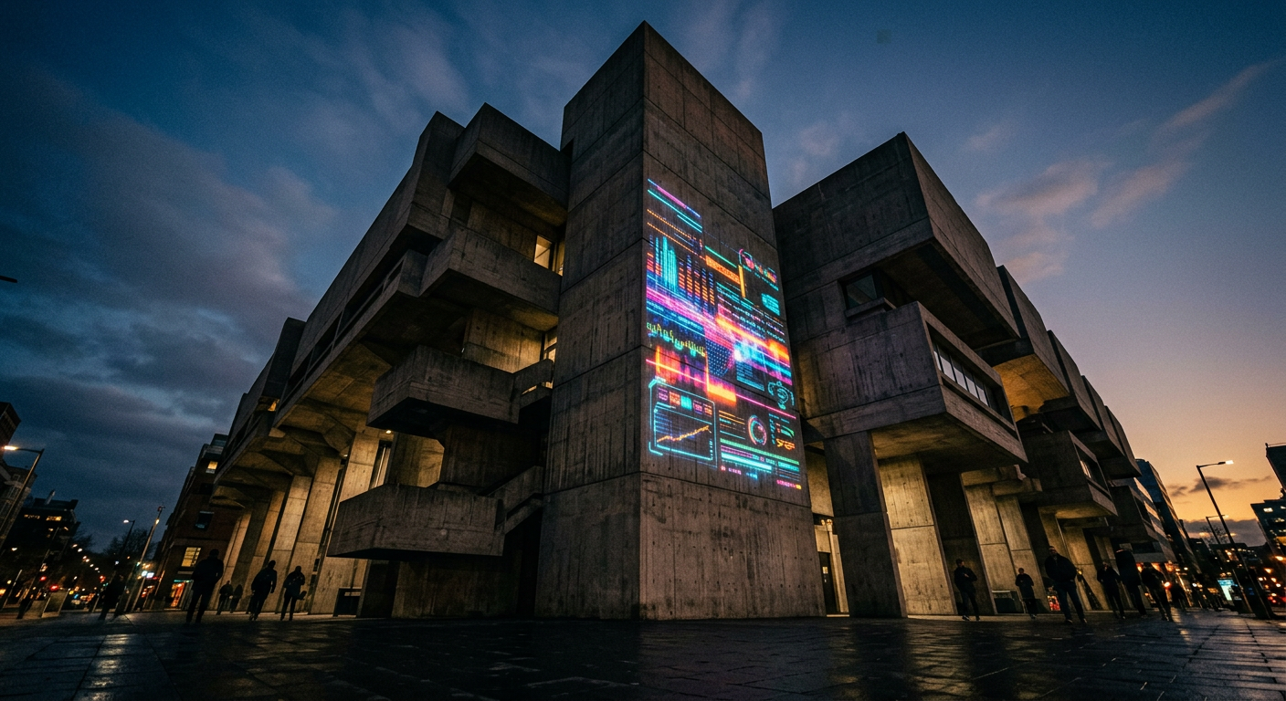 Brutalist architecture with digital art projection